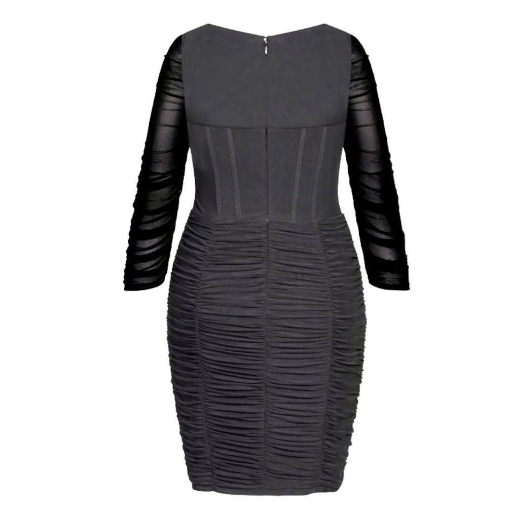 City Chic Black Ruched Midi Dress with Sheer Sleeves - Picture 5 of 8